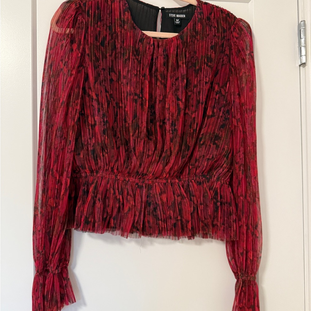 Steve Madden Red and Black Pleated Chiffon Blouse with peplum